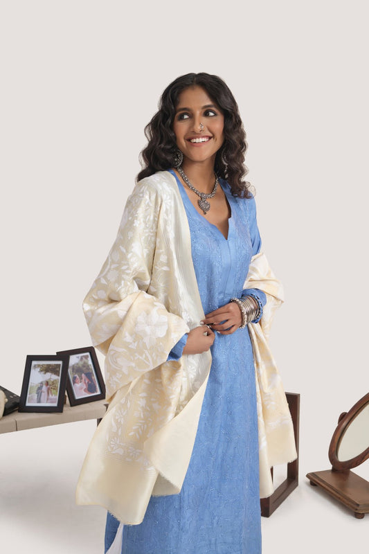 Luxurious LVW Fashion Chikankari kurti with intricate Resham embroidery and silk slip, showcasing elegant traditional craftsmanship.
