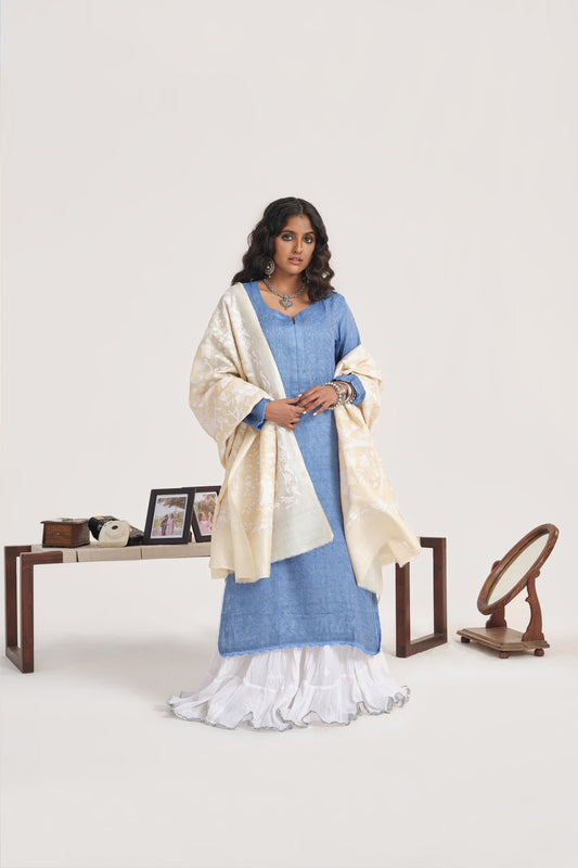 Luxurious LVW Fashion Chikankari Kurti with Resham embroidery and silk slip, showcasing intricate embroidery and elegant fabric details.