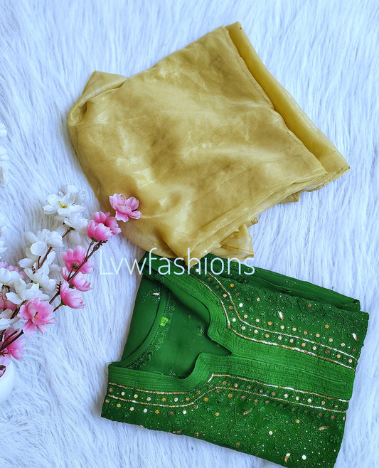 Elegant Meera Premium Georgette Chikankari Kurta Dupatta set with Resham embroidery and silk long slip, by LVW Fashion Luxurious Chikankari.
