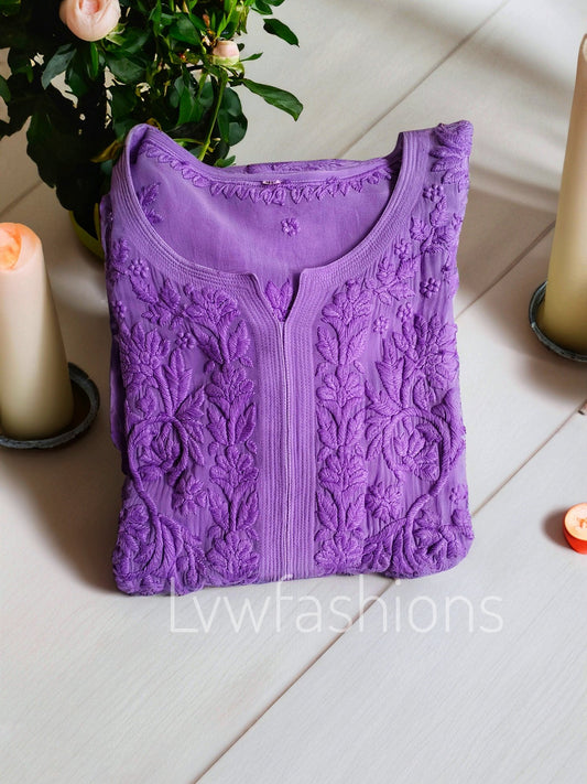 Lavender Mahira long Chikankari kurta in premium georgette fabric with intricate embroidery, by LVW Fashion Luxurious Chikankari.