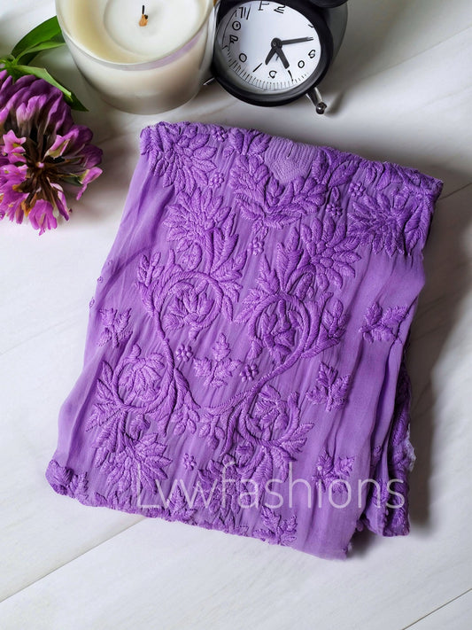 Lavender Mahira long Chikankari Kurta in premium georgette fabric, stylish and elegant from LVW Fashion Luxurious Chikankari collection.