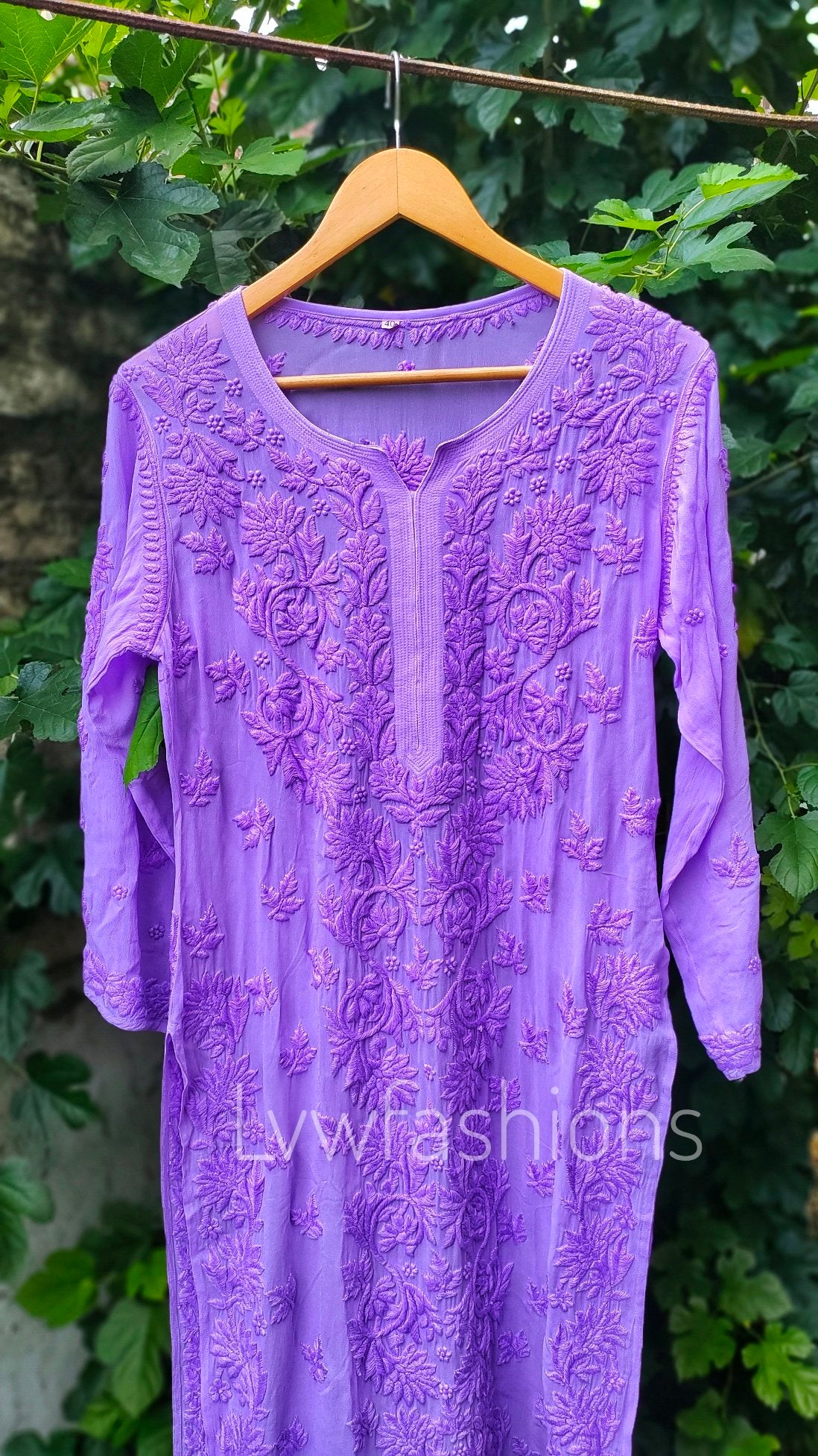 Lavender Mahira long Chikankari kurta in premium georgette fabric with intricate embroidery, crafted by LVW Fashion Luxurious Chikankari.