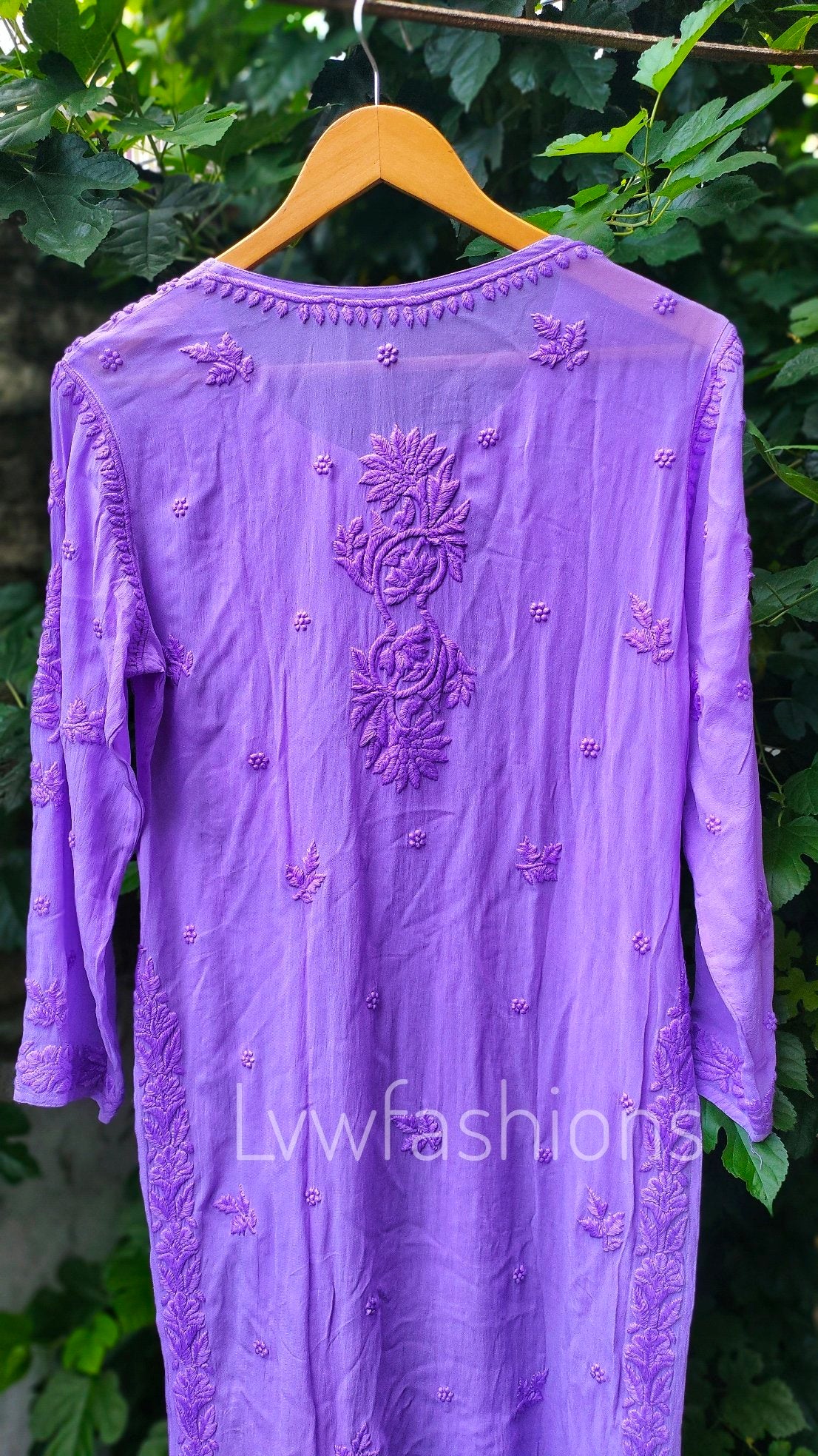 Lavender Mahira long Chikankari Kurta in premium georgette fabric by LVW Fashion, showcasing intricate embroidery and elegant design.