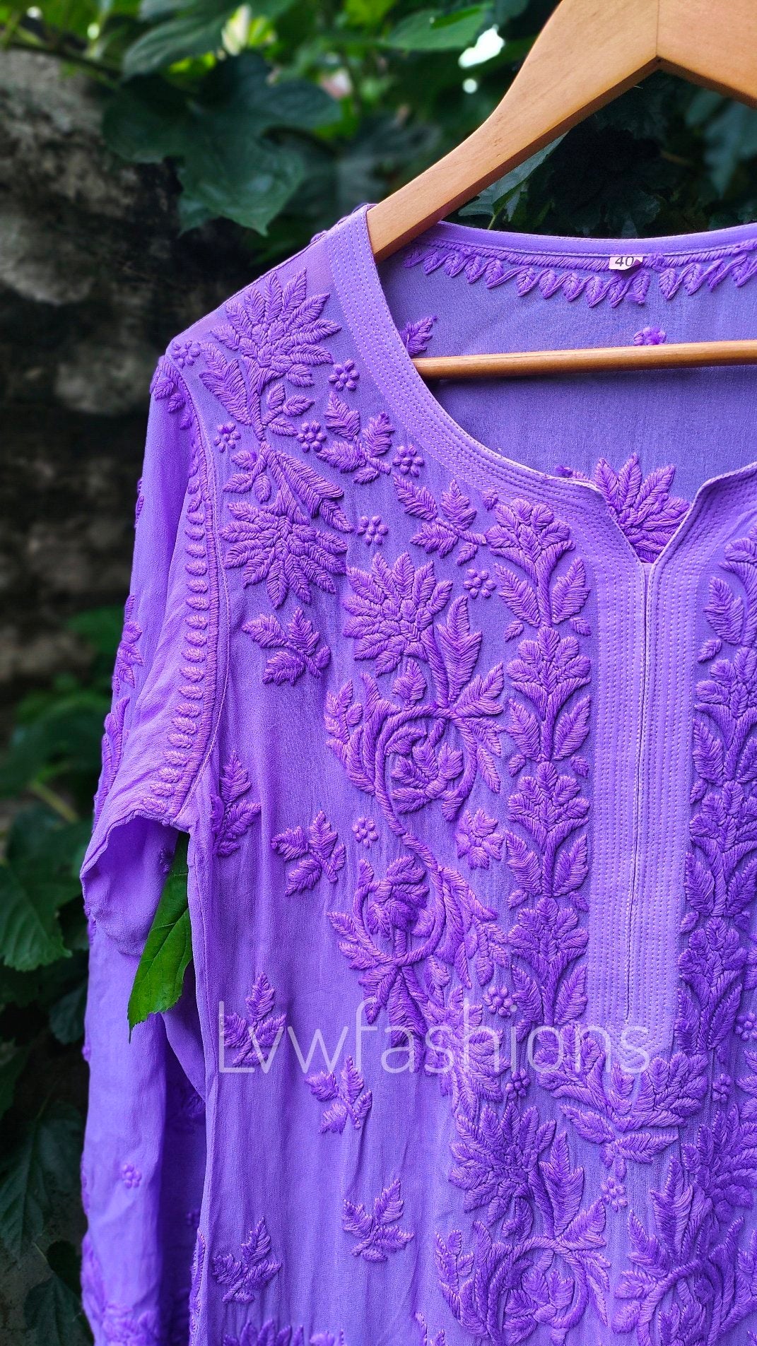 Lavender Mahira long Chikankari kurta in premium georgette fabric by LVW Fashion, showcasing intricate embroidery and elegant design.