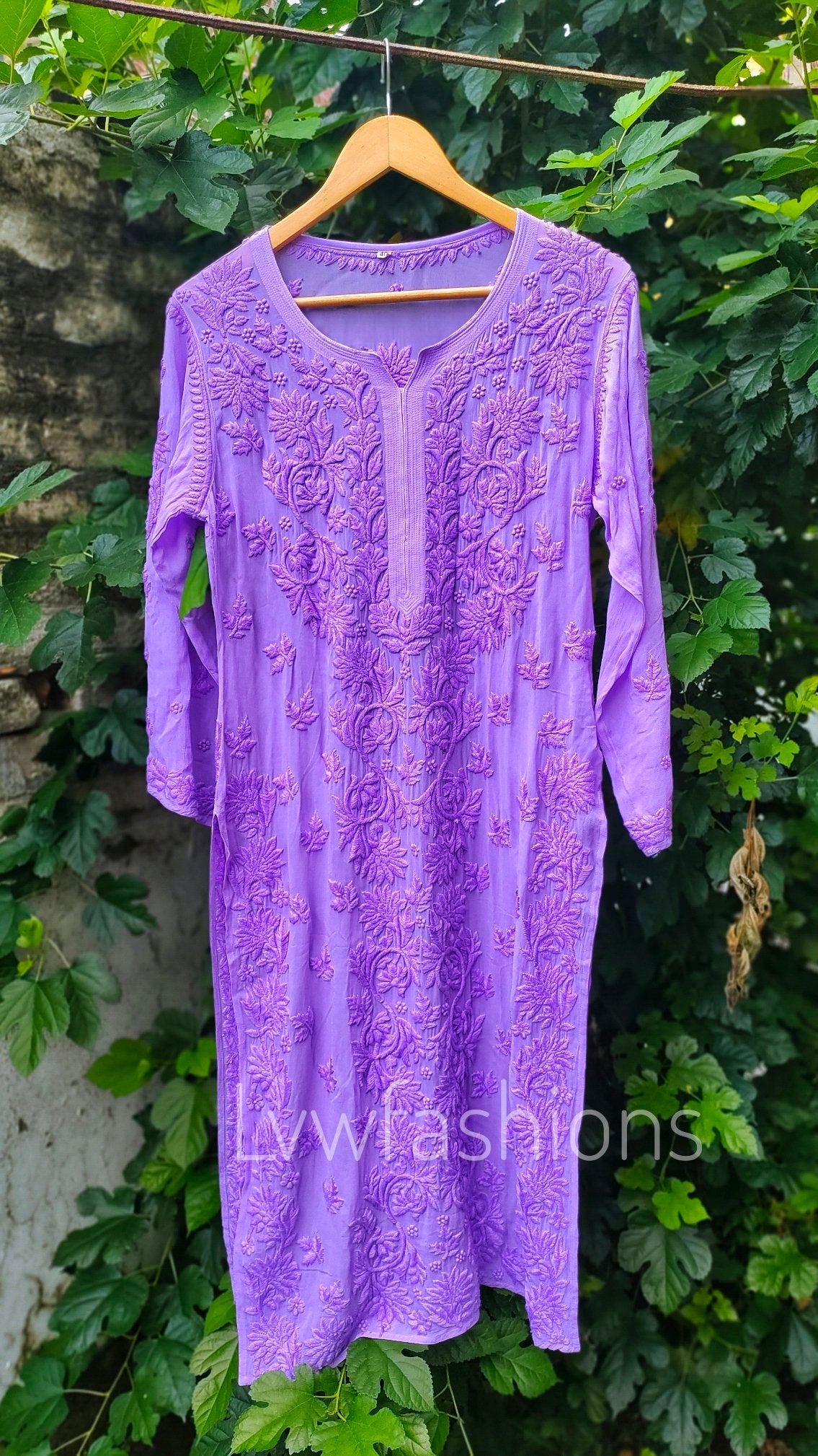 Lavender Mahira long georgette kurta with intricate Chikankari embroidery, crafted by LVW Fashion Luxurious Chikankari.