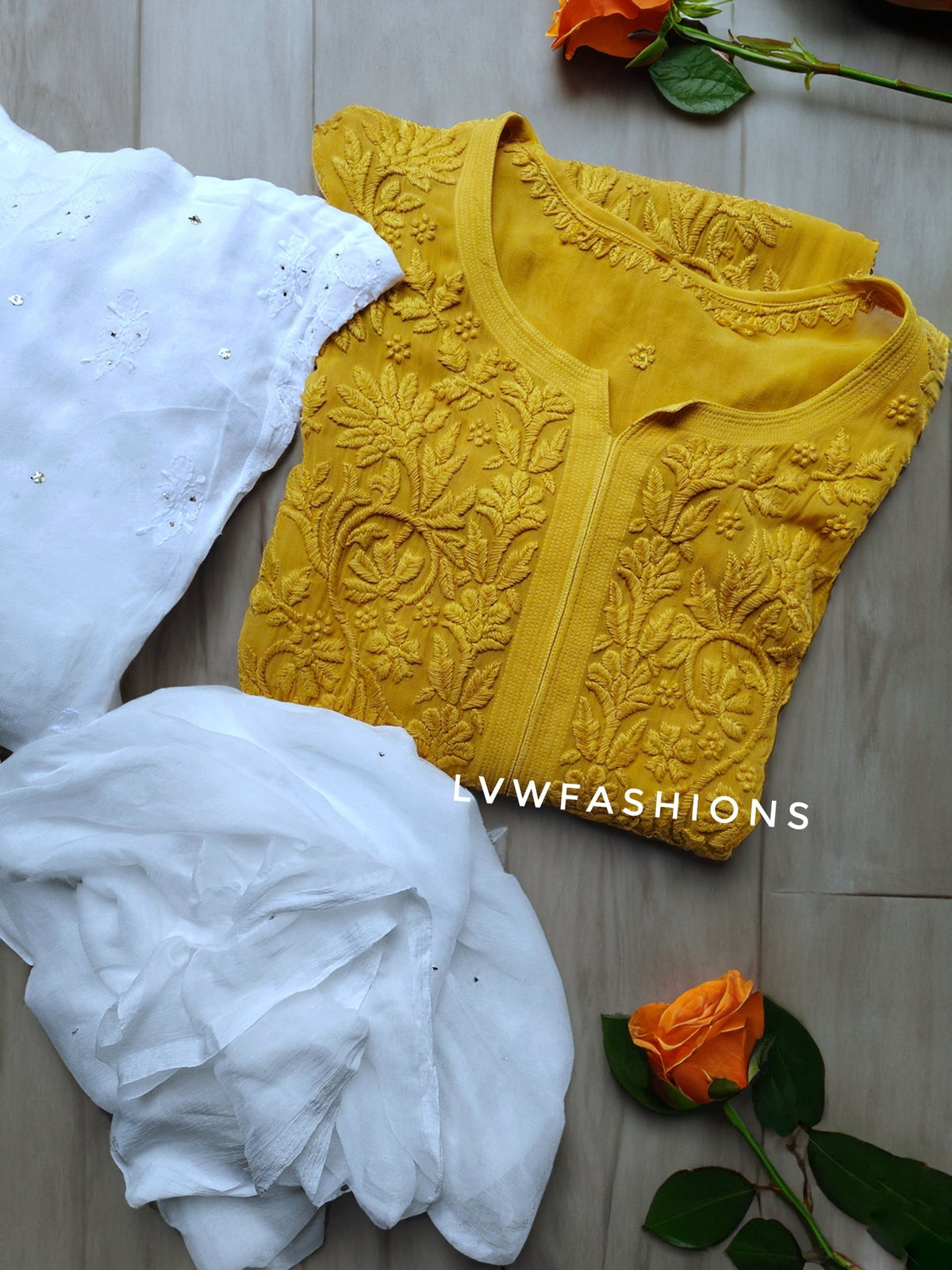 Mahira Premium Georgette Chikankari Kurta Sharara Set by LVW Fashion showcasing intricate embroidery and elegant traditional design.