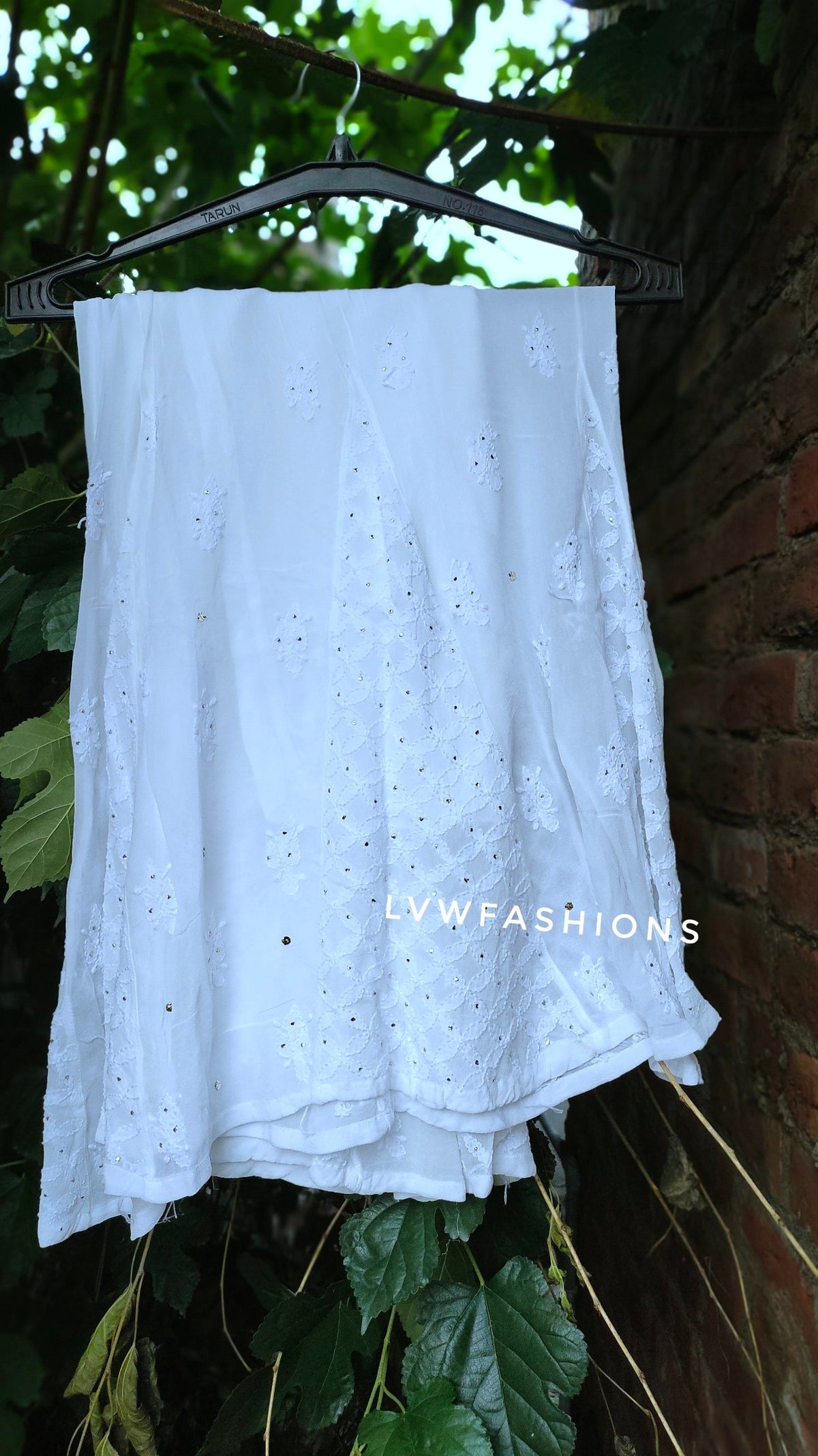 Mahira Premium Georgette Chikankari Kurta Sharara Set by LVW Fashion featuring intricate white chikankari embroidery on a soft georgette fabric.