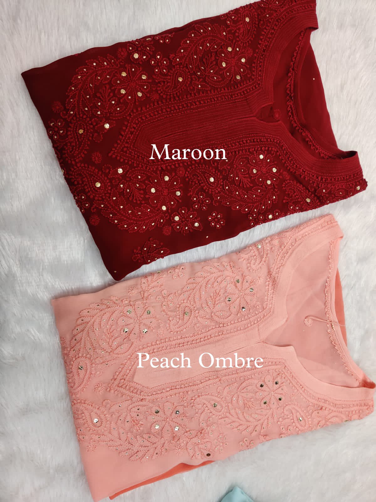 Maroon premium georgette kurtas with chikankari embroidery and neck booties, showcasing luxurious shades and intricate craftsmanship.