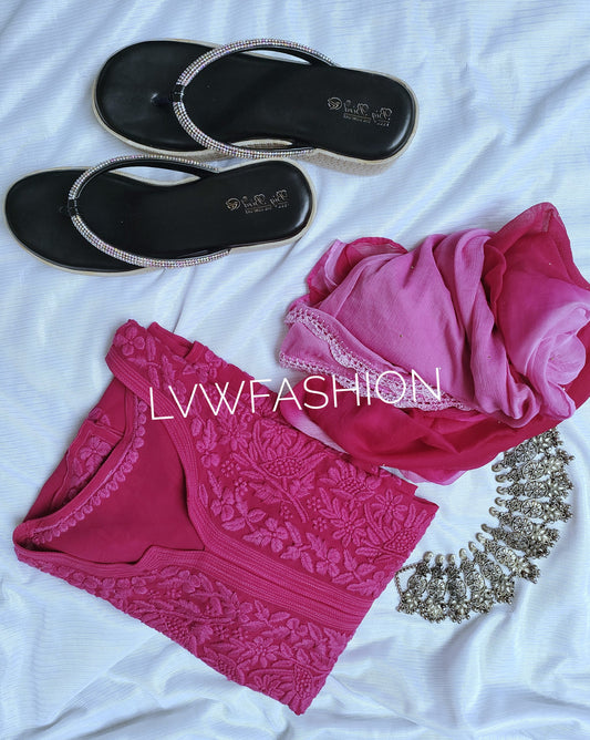 LVW Fashion luxurious Chikankari Meer Kurta Duptaa set with pure Chikankari embroidery and silk slip, showcasing intricate hand embroidery.