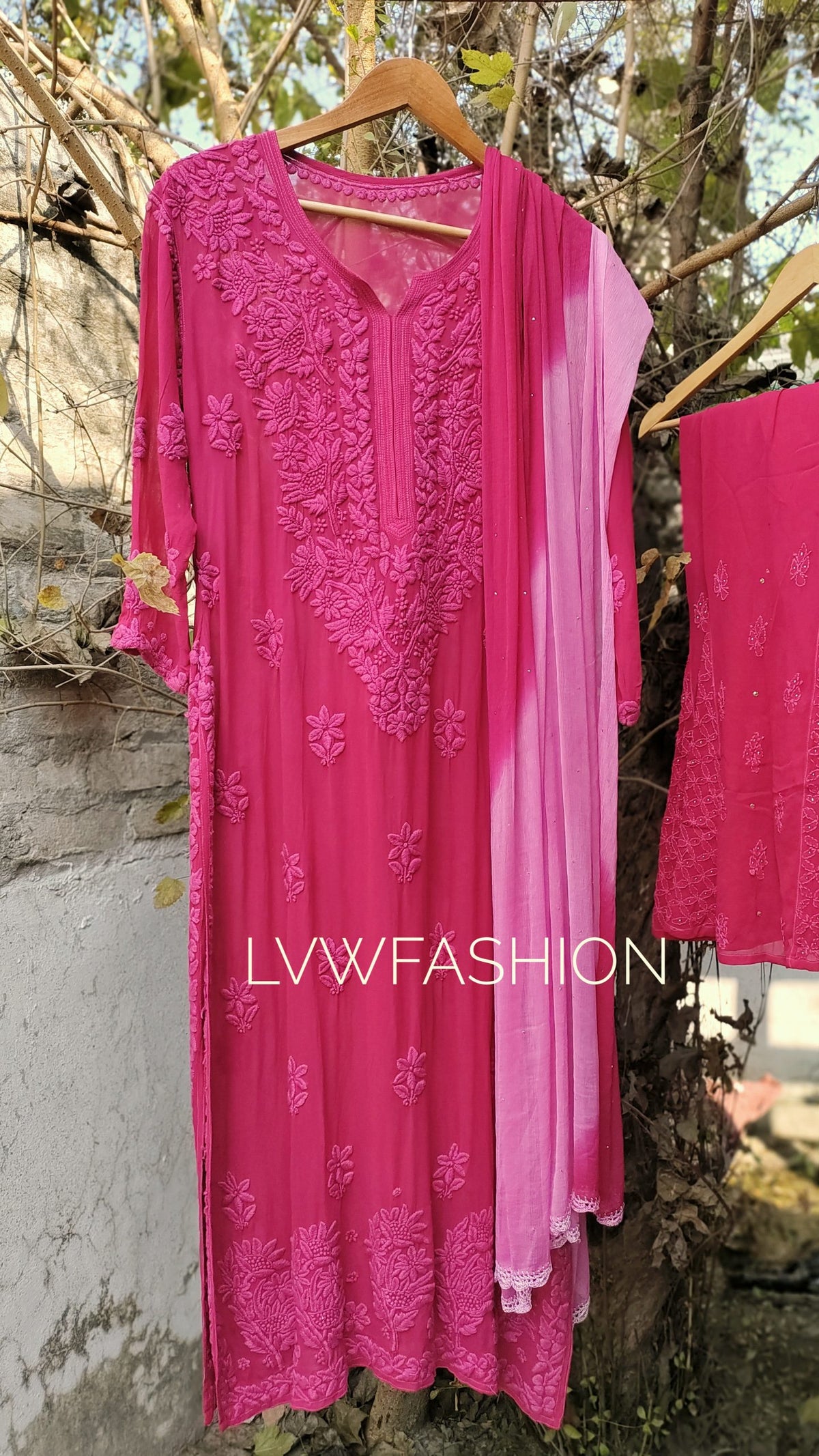 LVW Fashion Luxurious Chikankari Meer Kurta Duptaa Set with pure chikankari embroidery and silk slip, displayed on a hanger.