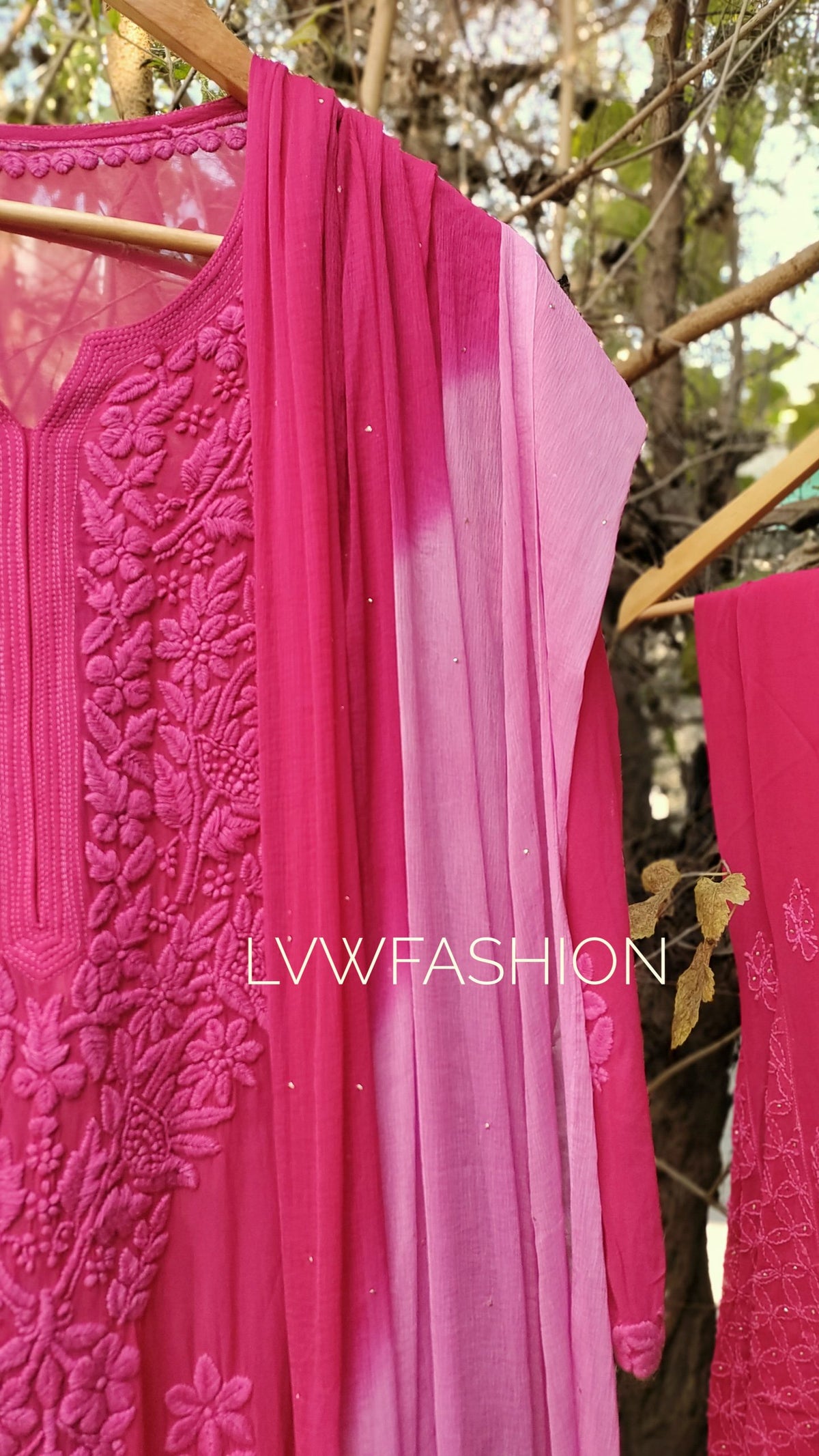 Meer Kurta Dupatta set with pure Chikankari embroidery and silk slip, luxurious LVW Fashion Chikankari ensemble.