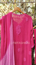 Meer Kurta Duptaa Set by LVW Fashion with pure chikankari embroidery and silk slip, showcasing intricate detailing and elegant fabric.