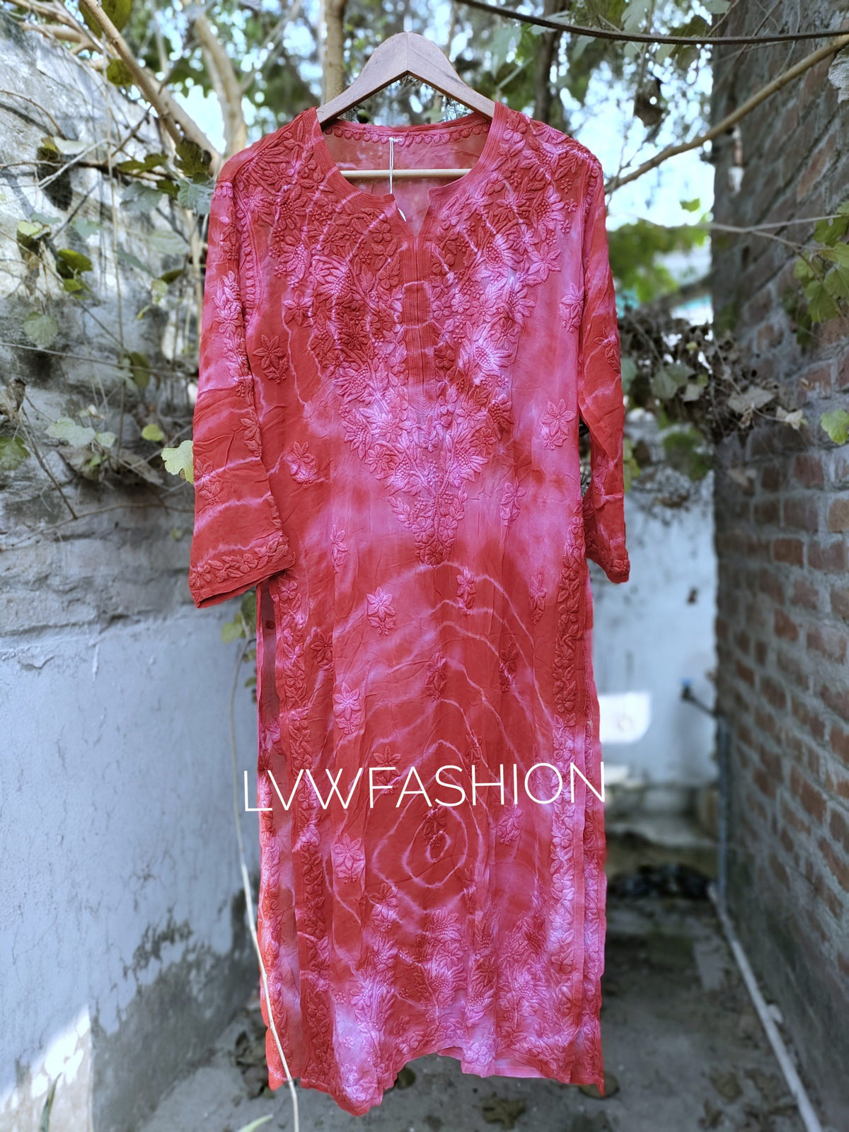 Meer Tie Dye Premium Georgette Long Kurta with Silk Slip by LVW Fashion Luxurious Chikankari, featuring vibrant tie dye and intricate details.
