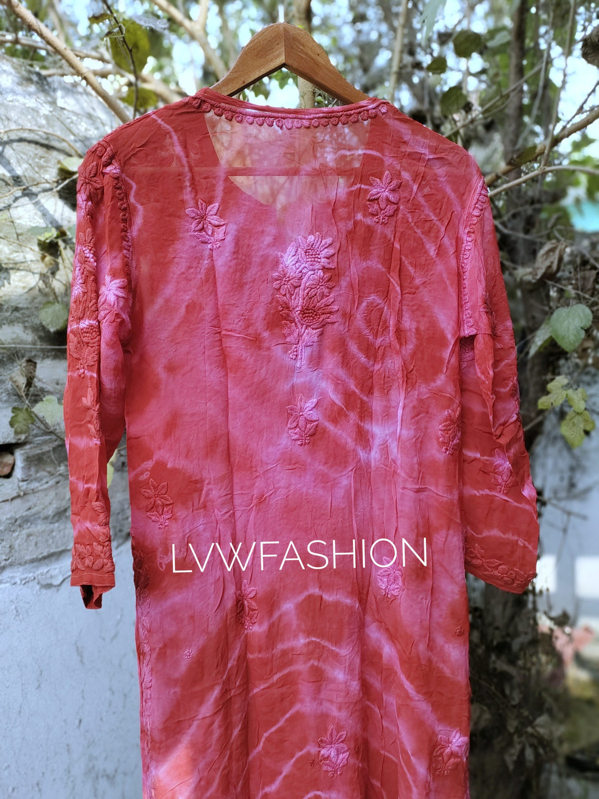 Meer Tie Dye premium georgette long kurta with silk slip by LVW Fashion Luxurious Chikankari, featuring vibrant tie dye and intricate embroidery.
