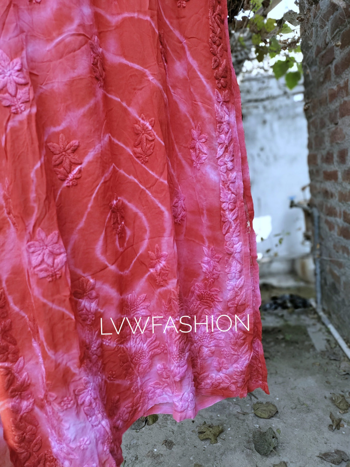 Meer Tie Dye Premium Georgette Long Kurta with Silk Slip by LVW Fashion, featuring vibrant tie-dye pattern and elegant chikankari embroidery.