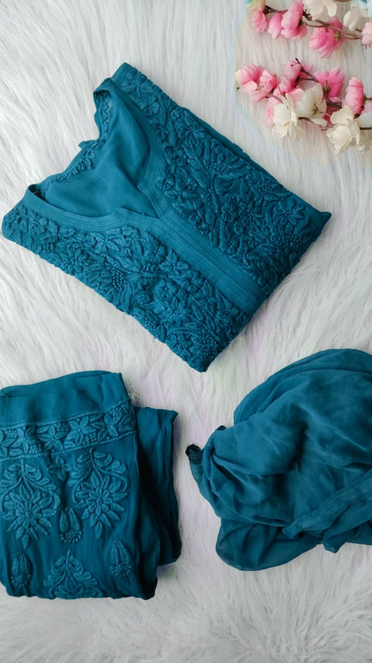 Metallic Seaweed Premium Georgette 3-piece set by LVW Fashion Luxurious Chikankari, includes elegant tops and bottom pieces.
