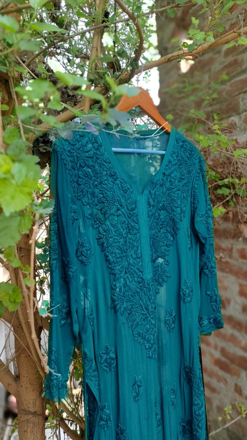 Metallic Seaweed Premium Georgette 3-piece set by LVW Fashion with intricate Chikankari embroidery on luxurious fabric.