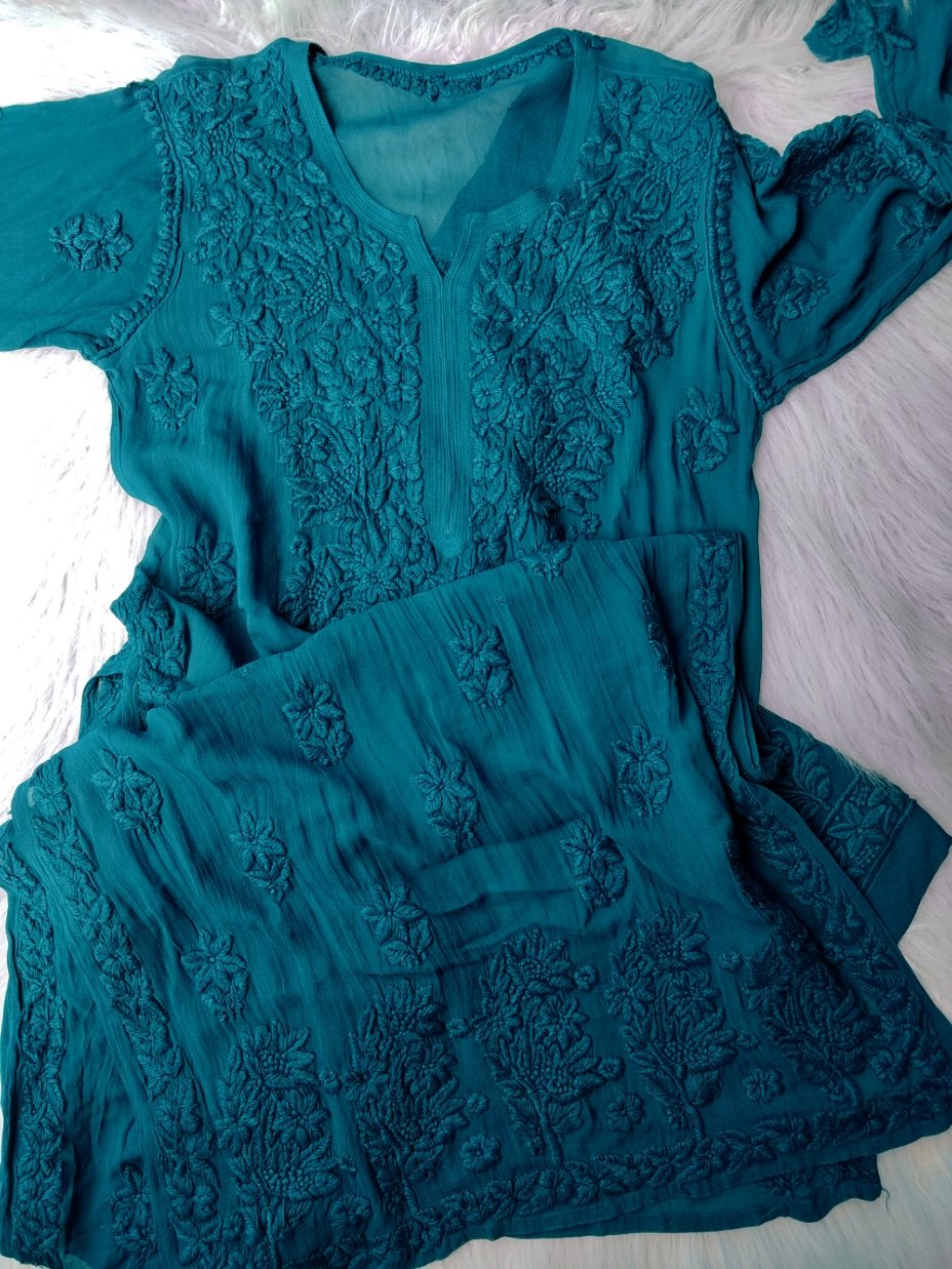 Metallic Seaweed Premium Georgette 3-piece set by LVW Fashion, featuring luxurious fabric and intricate chikankari embroidery.