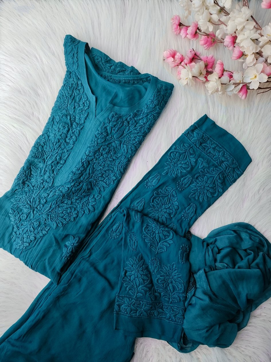 Metallic Seaweed Premium Georgette 3-piece set by LVW Fashion, featuring elegant fabric and intricate chikankari embroidery.