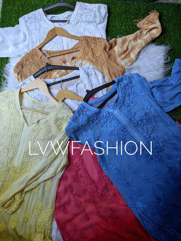Luxury midnight blue Adaya Kurtas by LVW Fashion, premium georgette long kurtas with intricate chikankari embroidery.