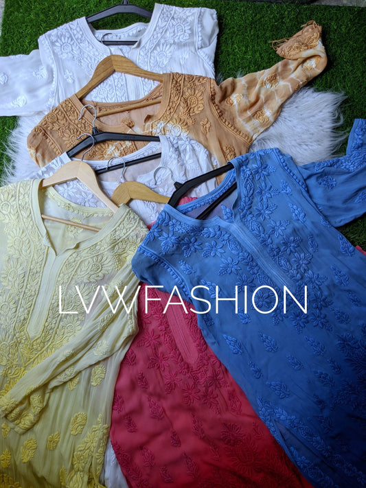 Luxury midnight blue Adaya Kurtas by LVW Fashion, premium georgette long kurtas with intricate chikankari embroidery.