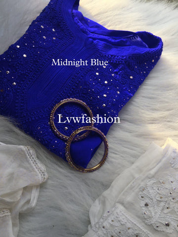 Luxurious midnight blue Georgette Kurta with neck booties and slip by LVW Fashion, featuring intricate Chikankari embroidery.