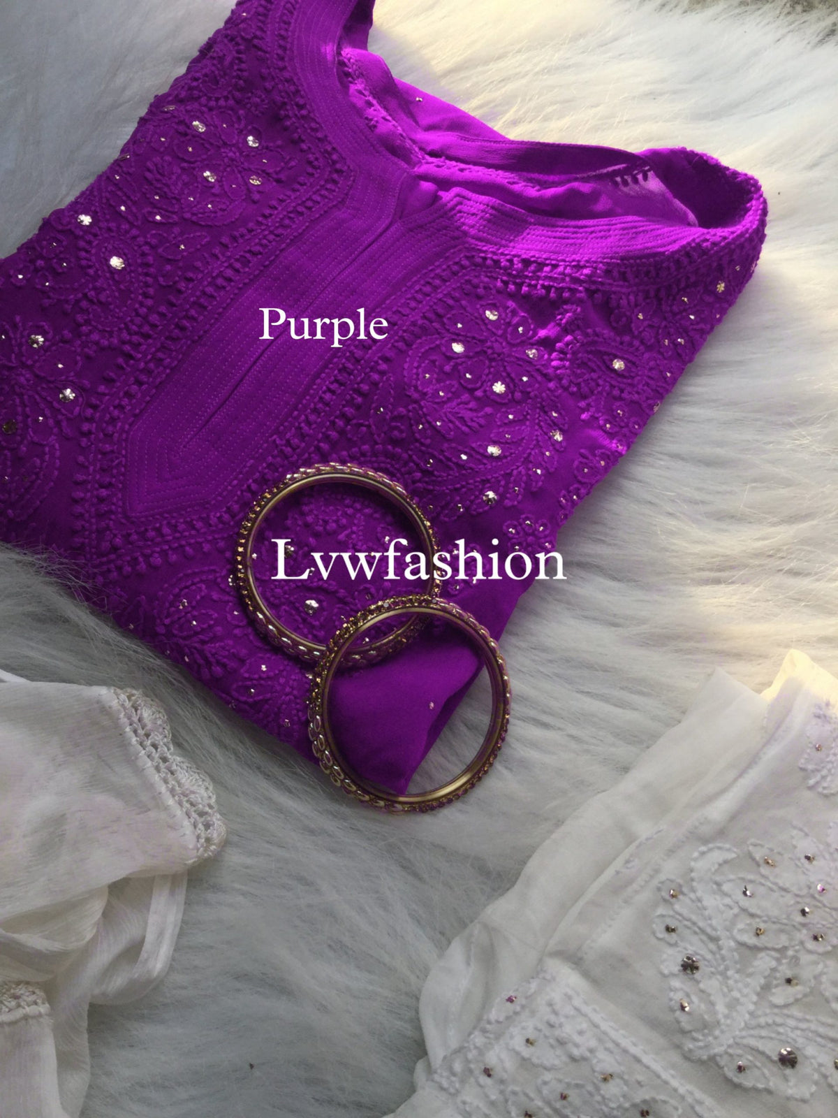 Luxurious midnight blue Georgette neck booties kurta with slip by LVW Fashion, featuring intricate Chikankari embroidery.