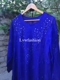 Midnight blue premium georgette kurta with neck booties and slip from LVW Fashion Luxurious Chikankari, elegant and traditional attire.