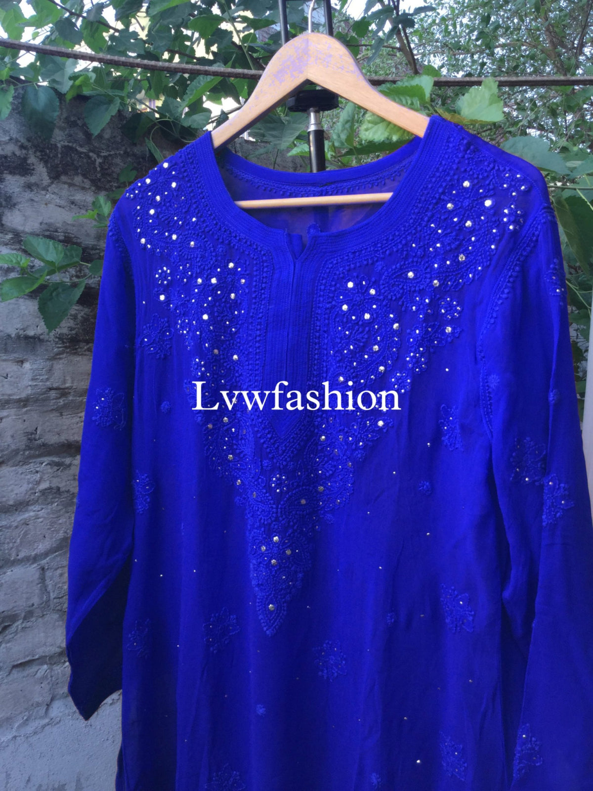 Midnight blue premium georgette kurta with neck booties and slip from LVW Fashion Luxurious Chikankari, elegant and traditional attire.