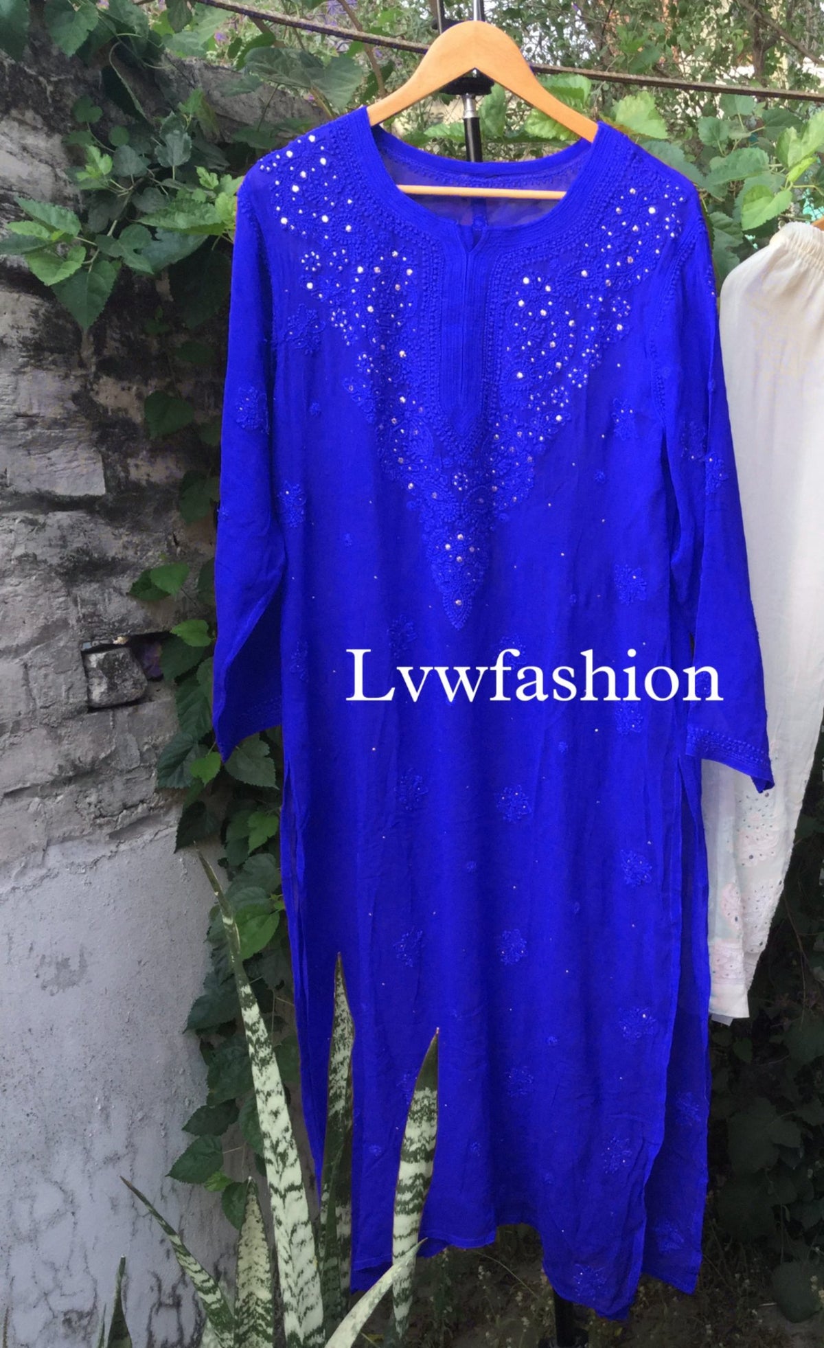 Luxurious midnight blue Georgette Kurta with neck booties and slip from LVW Fashion Luxurious Chikankari, elegant traditional wear