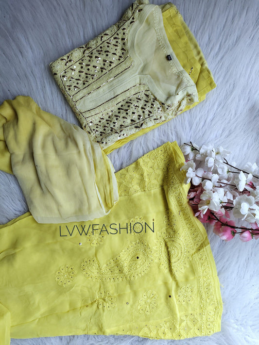 Naayera 3-piece premium georgette set by LVW Fashion featuring intricate chikankari embroidery and silk slip.