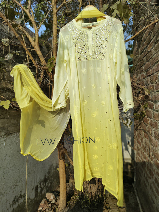 Naayera 3-piece premium georgette set with silk slip by LVW Fashion, showcasing intricate chikankari embroidery and elegant fabric.