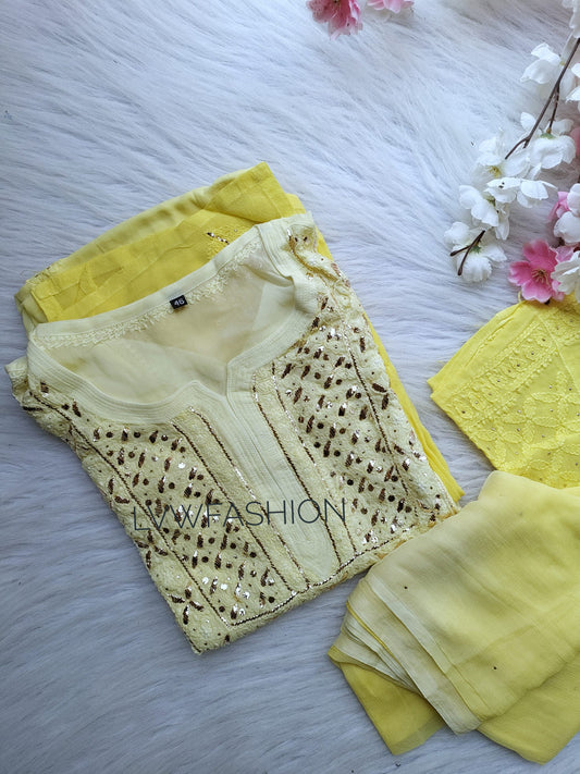 Naayera premium georgette Kurta Duptaa set with silk slip, featuring intricate Chikankari embroidery, by LVW Fashion Luxurious Chikankari.