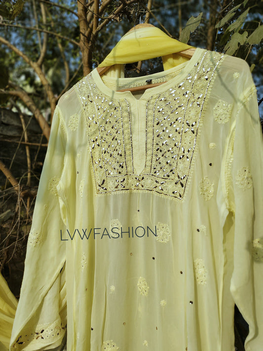 Naayera premium georgette kurta duptaa set with silk slip by LVW Fashion, featuring intricate chikankari embroidery.