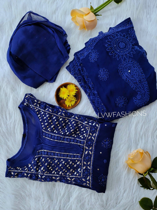 Neela suit by LVW Fashion featuring premium Georgette fabric with intricate Chikankari and Kamdani embroidery.