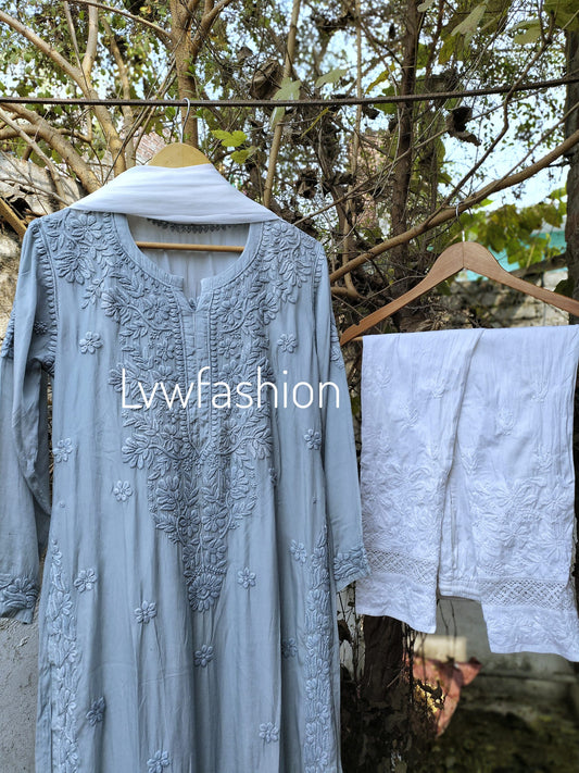 Neer greyish creep silk Kurta set with intricate chikankari embroidery, three-piece traditional Indian garment by LVW Fashion.