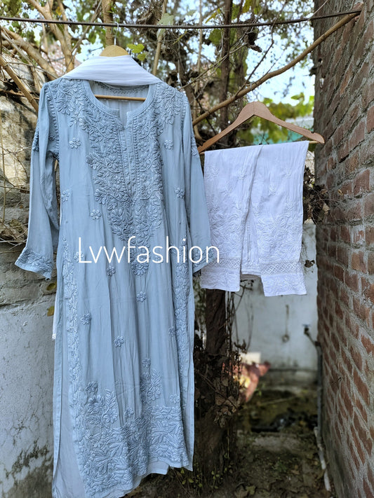 Neer Greyish Creep Silk Kurta Set 3 Piece by LVW Fashion featuring intricate Chikankari embroidery on silk fabric.