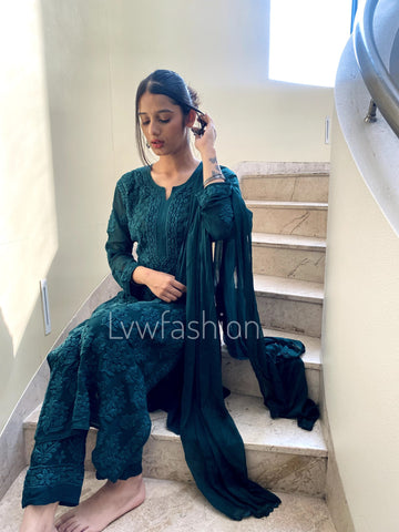 A luxurious LVW Fashion Chikankari long kurta in premium georgette with silk slip, featuring intricate embroidery and elegant design.