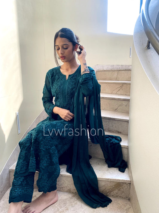 A luxurious LVW Fashion Chikankari long kurta in premium georgette with silk slip, featuring intricate embroidery and elegant design.