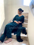 A beautiful, premium georgette long kurta with intricate chikankari embroidery and silk slip, designed by LVW Fashion.