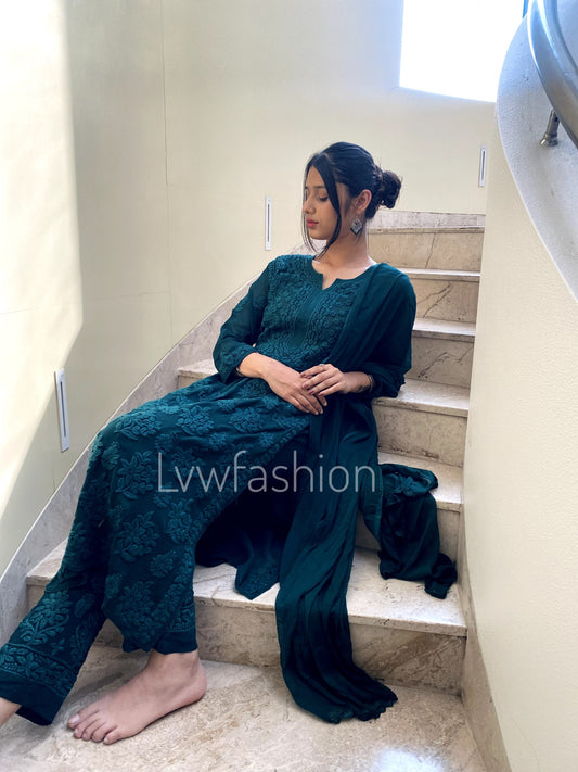 A beautiful, premium georgette long kurta with intricate chikankari embroidery and silk slip, designed by LVW Fashion.