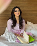 Celebrity-inspired LVW Fashion pinkish georgette kurta with intricate chikankari and long silk slip inner, showcasing elegant traditional design.