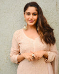 Celebrity-inspired LVW Fashion luxurious georgette Chikankari kurta set with resham embroidery, elegant embroidered traditional attire.