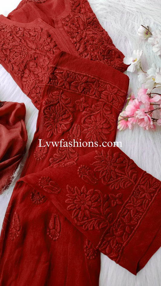Deep maroon premium georgette 3-piece set with intricate chikankari embroidery, includes kurta, dupatta, and bottoms by LVW Fashion.