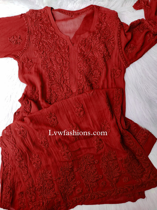 Deep maroon premium georgette 3-piece set featuring elegant kurta with intricate chikankari embroidery from LVW Fashion.