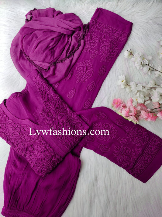French plum premium georgette 3-piece Chikankari set with kurta, showcasing intricate embroidery and elegant traditional design.
