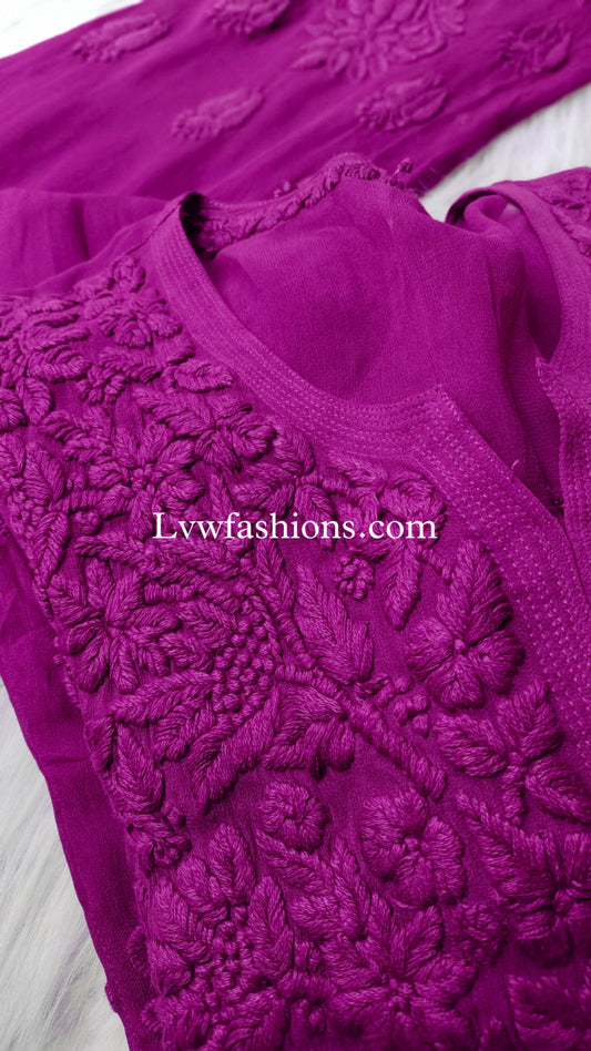 French plum premium georgette 3-piece Chikankari set featuring kurta, showcasing intricate hand embroidery and elegant fabric.