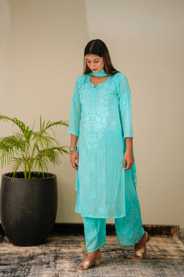 Luxurious LVW Fashion silk Chikankari Kurta set with unique bottom design, featuring intricate embroidery and elegant craftsmanship.