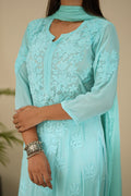 Luxurious LVW Fashion silk Chikankari kurta set with unique bottom design, premium craftsmanship, featuring intricate embroidery.