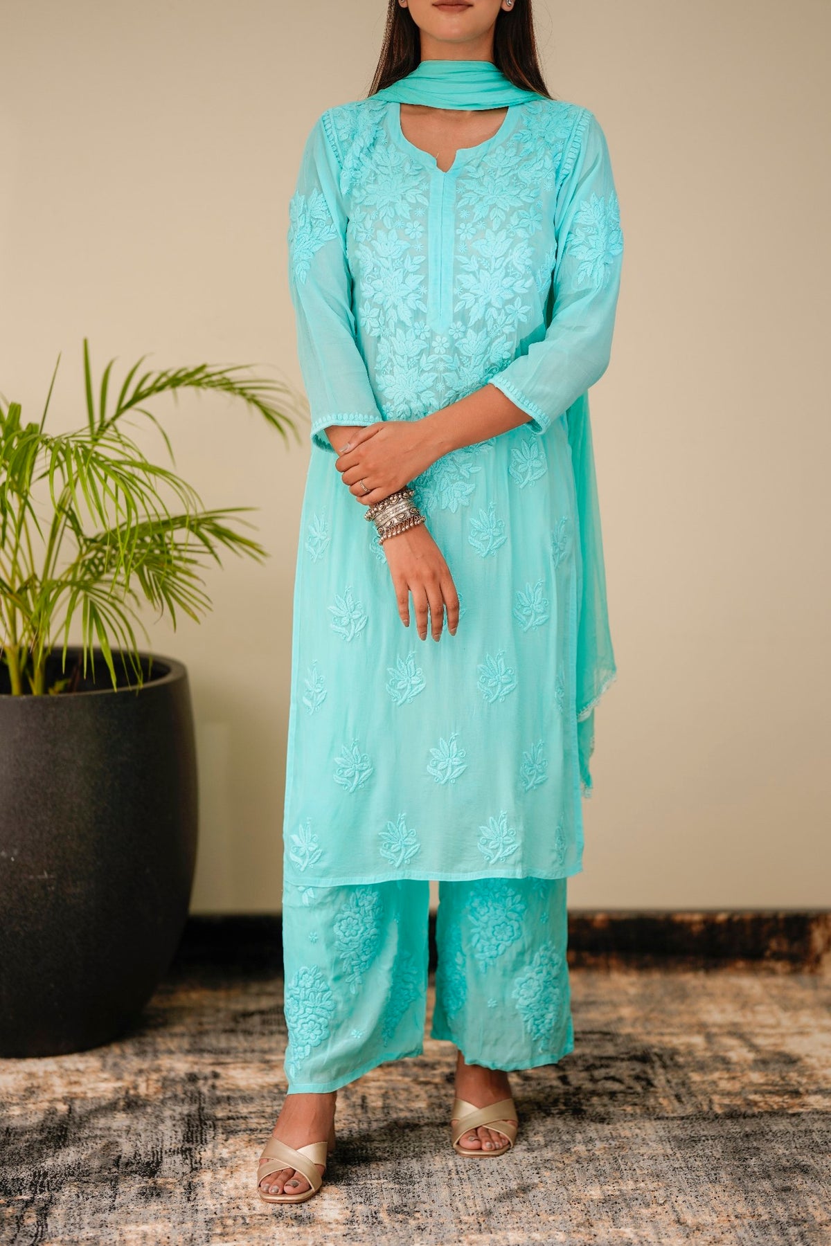 Luxurious LVW Fashion silk Chikankari Kurta set with unique bottom design, featuring intricate embroidery on premium fabric.